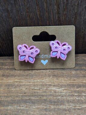 NWT Sparkle Pink Butterfly Earrings Pierced Stud Figural Light Weight Handmade